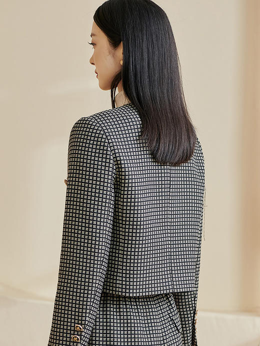 剩S/XL/XXL 米思阳2025春季新款时尚小香风格纹短外套圆领长袖单排扣上衣2691 商品图2