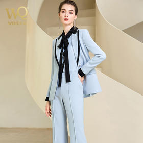 高端时尚秋季蓝色西装微喇长裤套装女西服正装
