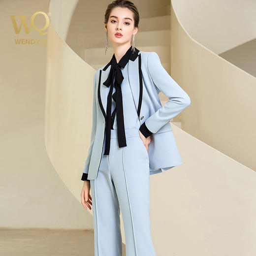 高端时尚秋季蓝色西装微喇长裤套装女西服正装 商品图0