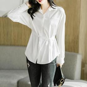 2023秋装新款衬衫女中长款长袖宽松大码纯色女士衬衣1896