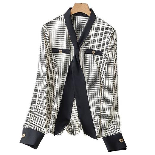 2023秋装新款衬衫女长袖宽松雪纺衫格子黑色士衬衣A2501 商品图4