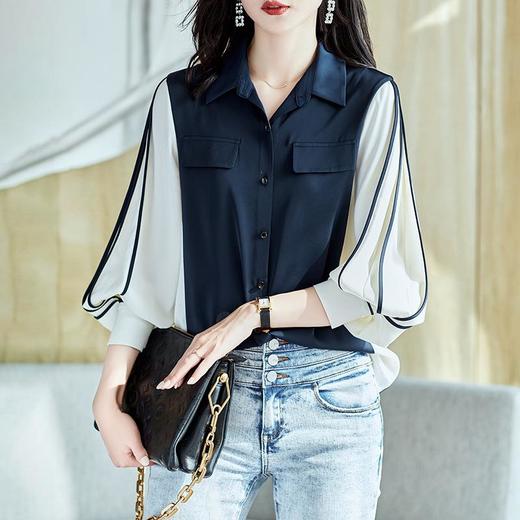 2023秋装新款衬衫女长袖宽松雪纺衫撞色女士衬衣A2659 商品图0