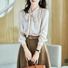 2023秋装新款衬衫女长袖宽松雪纺衫纯色女士衬衣A2362