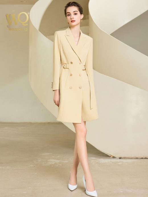 春秋高端黄色连衣裙女双排扣绑带收腰西装裙气质时尚女装 商品图3