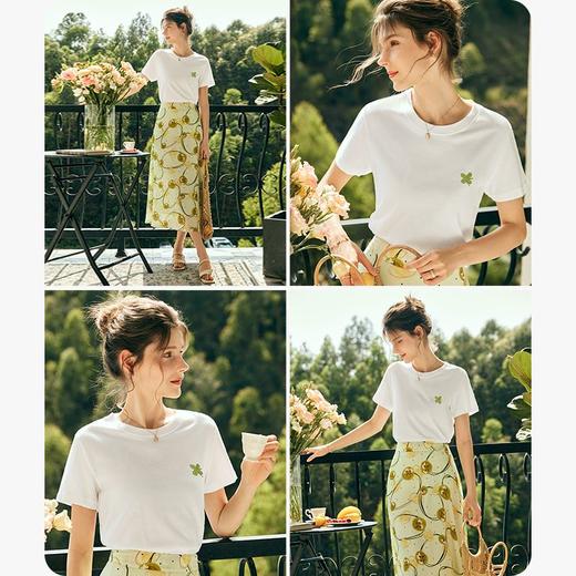 OLrain欧芮儿法式白色短袖T恤女夏季2023新款四叶草刺绣正肩上衣 商品图2