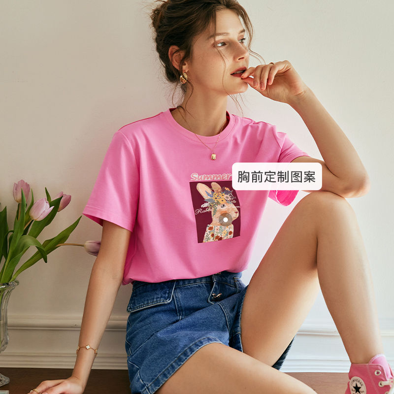 OLrain欧芮儿法式玫粉色短袖T恤女夏季2023新款宽松重工印花上衣