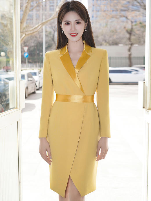 秋季高端洋气黄色连衣裙女长袖主持人时尚职业装西装裙宴会礼服 商品图1