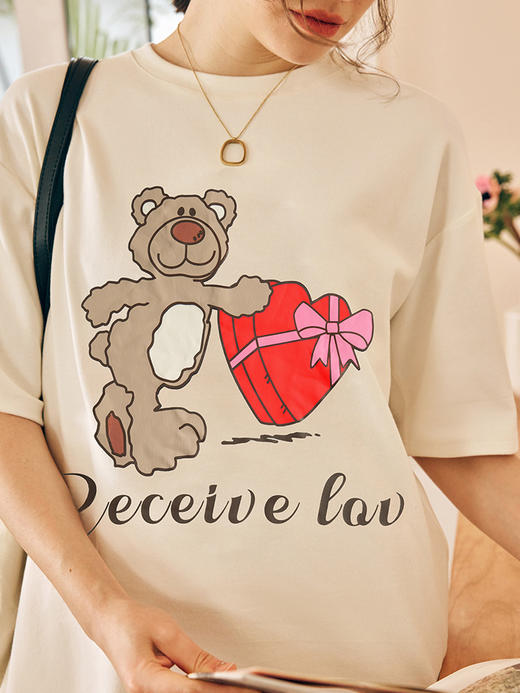 OLrain欧芮儿法式米白色短袖T恤女春季2023新款宽松小熊卡通上衣 商品图1