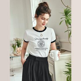 OLrain欧芮儿法式短袖T恤女夏季2023年新款黑白撞色刺绣别致上衣