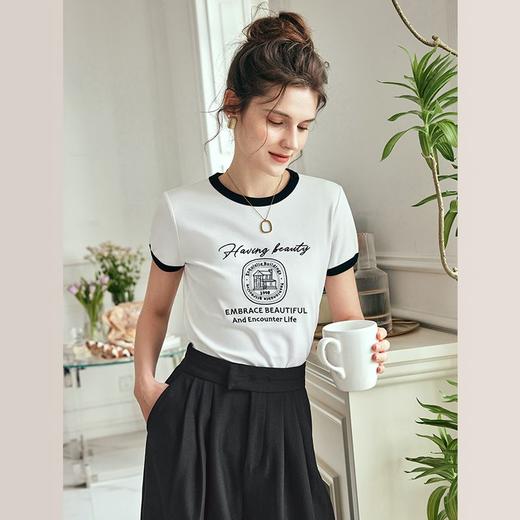OLrain欧芮儿法式短袖T恤女夏季2023年新款黑白撞色刺绣别致上衣 商品图0