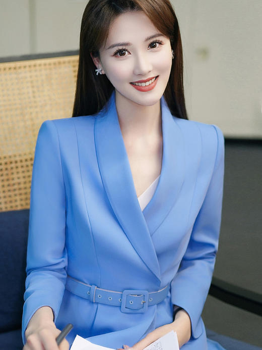 高端时尚蓝色西装纱裙套装绑带西服播音艺考主持人职业女装套裙 商品图4