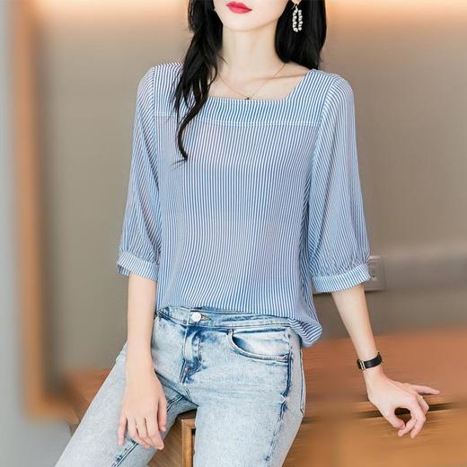 2023夏季新款衬衫女短袖韩版大码雪纺衫上衣条纹T恤1801 商品图0