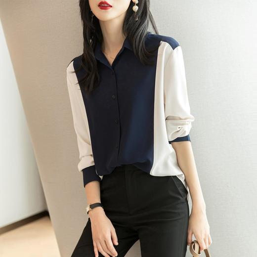 2023秋装新款撞色雪纺衫衬衫女长袖设计感上衣女士衬衣 商品图2