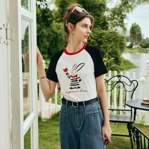 OLrain欧芮儿法式短袖T恤女夏季2023新款宽松插肩袖撞色印花上衣 商品图2