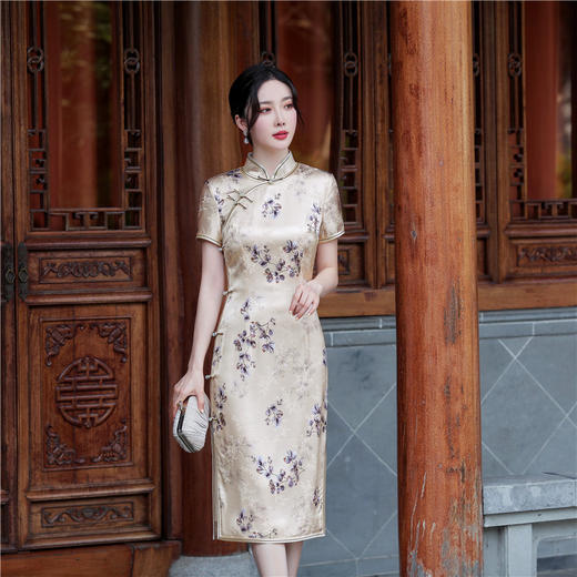修身真丝桑蚕丝立领长款复古风改良连衣裙旗袍裙TY-金枝玉叶JYJ-112 商品图1