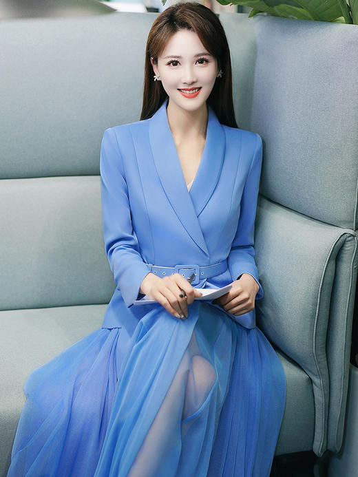 高端时尚蓝色西装纱裙套装绑带西服播音艺考主持人职业女装套裙 商品图1