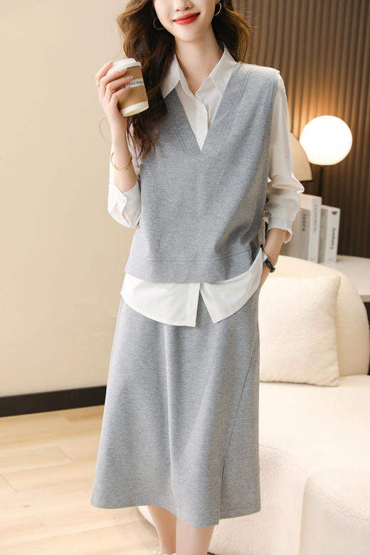 时尚休闲，气质马甲衬衣半身裙三件套HR-XSILU2301 商品图7