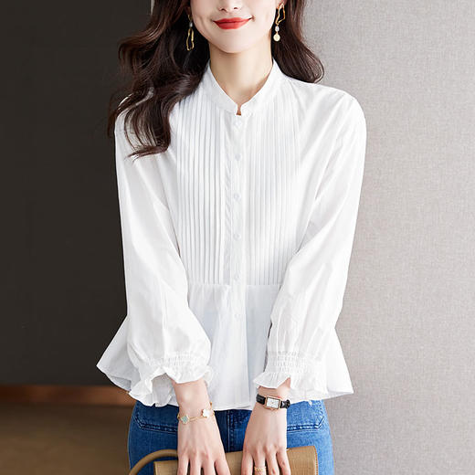 仙气减龄，法式风琴褶白色衬衫女长袖上衣HR-KFG33014 商品图1