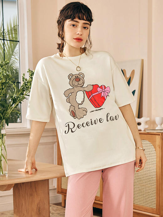 OLrain欧芮儿法式米白色短袖T恤女春季2023新款宽松小熊卡通上衣 商品图0