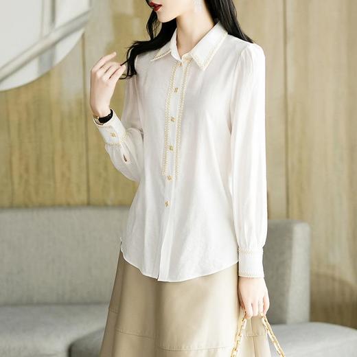 2023秋装新款小香风棉衬衫女长袖翻领白色女士衬衣2067 商品图2