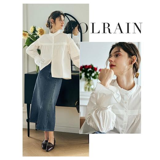 OLrain欧芮儿法式米白色衬衫女夏季2023年新款蕾丝拼接木耳边衬衣 商品图0