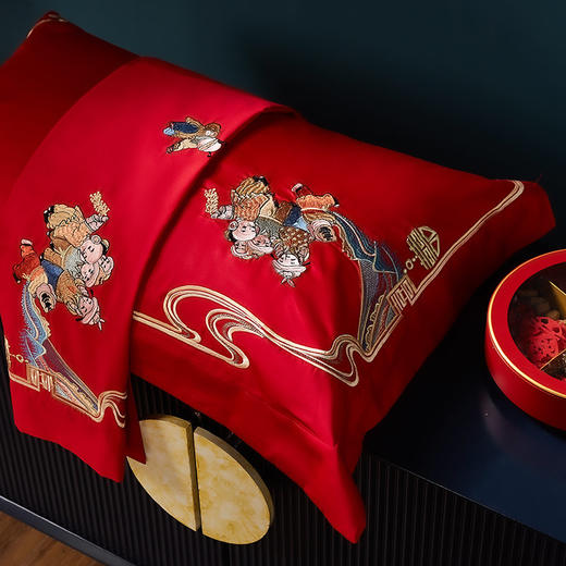 【品牌直发】加倍生活 100支长绒棉婚庆四件套/六件套 龙凤百子/锦绣佳缘/春色满园/家和人兴/幸福婚约-金/红/锦绣牡丹 商品图4
