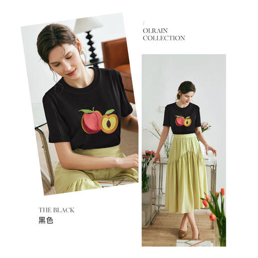 OLrain欧芮儿法式黑色短袖T恤女夏季2023年新款宽松水果刺绣上衣 商品图2