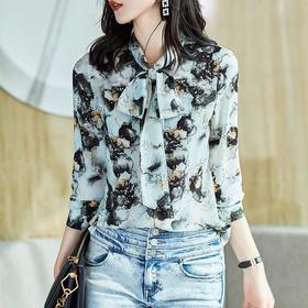 2023秋装新款衬衫女长袖雪纺衫水墨印花女士衬衣A2719