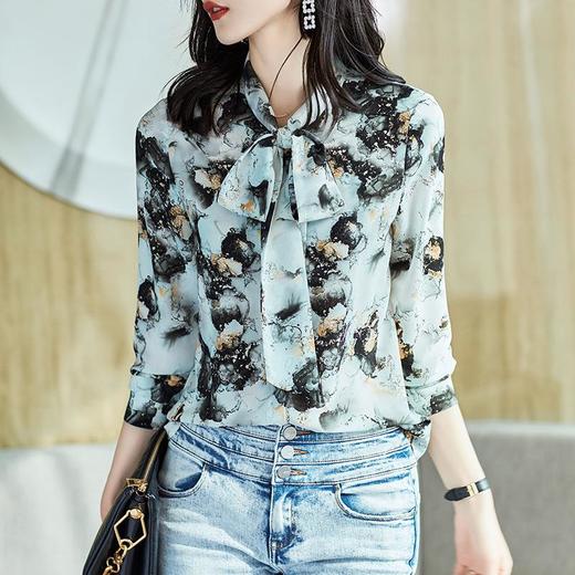 2023秋装新款衬衫女长袖雪纺衫水墨印花女士衬衣A2719 商品图0
