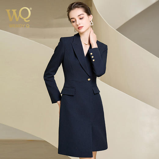 秋季高端藏青色连衣裙女长袖主持人职业装西装裙气质时尚工作服 商品图2