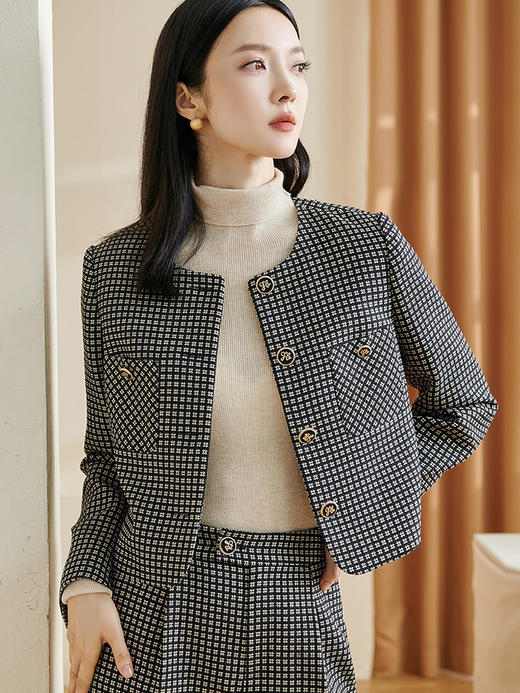 剩S/XL/XXL 米思阳2025春季新款时尚小香风格纹短外套圆领长袖单排扣上衣2691 商品图1