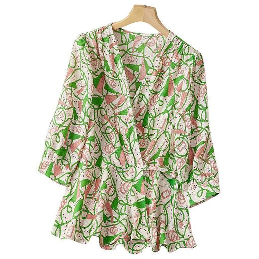 2023夏季新款雪纺衫七分袖衬衫女宽松大码T恤印花A2378 商品图4