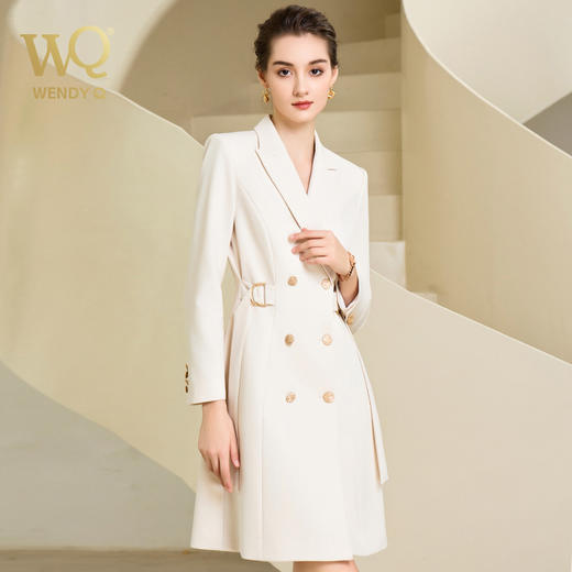 双排扣白色连衣裙女长袖高端时尚西装裙 商品图1