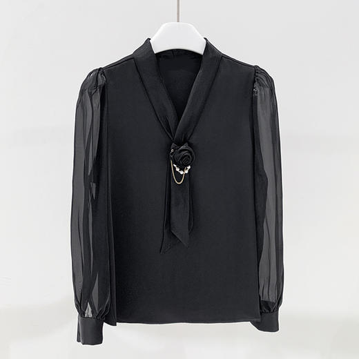 【铂金会员165/天猫229/差价64】(13111)2023新款春秋白色珠光缎面V领长袖气质漂亮职业雪纺衫上衣女衬衫 商品图5