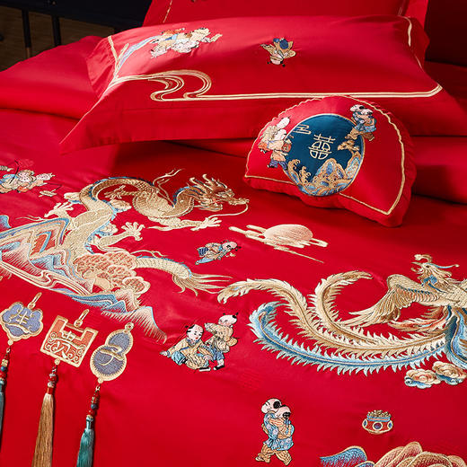 【品牌直发】加倍生活 100支长绒棉婚庆四件套/六件套 龙凤百子/锦绣佳缘/春色满园/家和人兴/幸福婚约-金/红/锦绣牡丹 商品图1