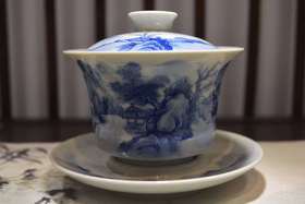 全手工手绘青花柴窑山水三才马蹄盖碗