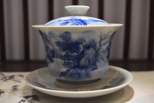 全手工手绘青花柴窑山水三才马蹄盖碗 商品图0