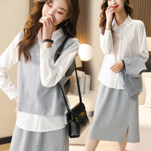 时尚休闲，气质马甲衬衣半身裙三件套HR-XSILU2301 商品图2