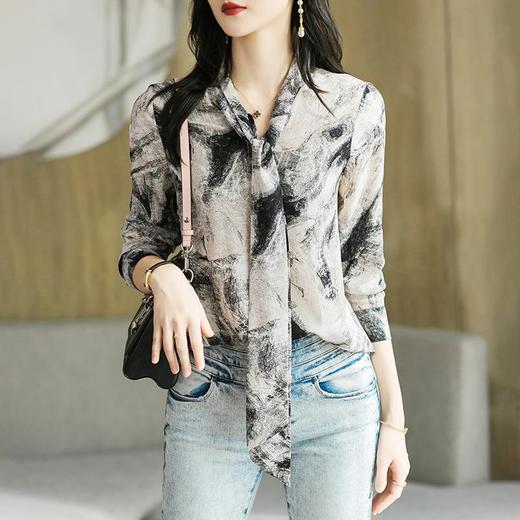 港风2023秋装新款雪纺印花衬衫女长袖系带女士衬衣1890 商品图0