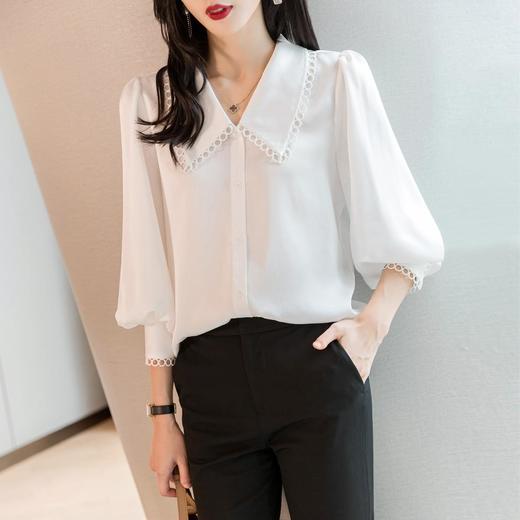 2023秋装新款上衣白色雪纺衫衬衫女长袖蕾丝花边女士衬衣 商品图1