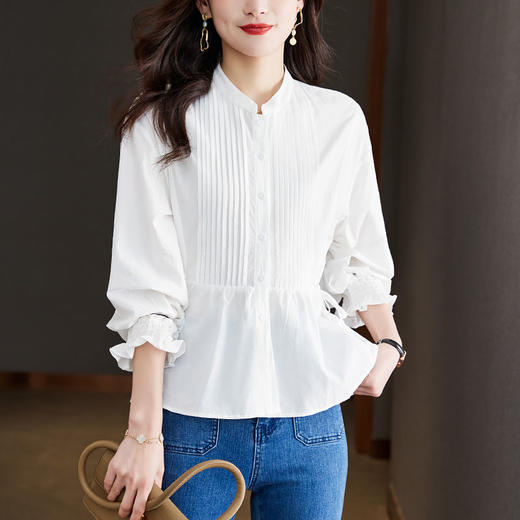 仙气减龄，法式风琴褶白色衬衫女长袖上衣HR-KFG33014 商品图3