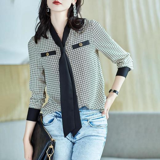 2023秋装新款衬衫女长袖宽松雪纺衫格子黑色士衬衣A2501 商品图1