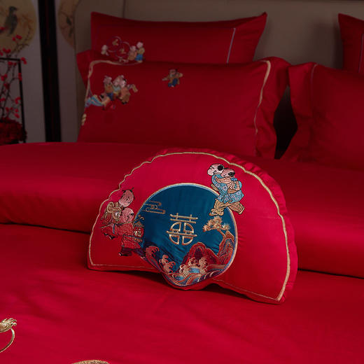 【品牌直发】加倍生活 100支长绒棉婚庆四件套/六件套 龙凤百子/锦绣佳缘/春色满园/家和人兴/幸福婚约-金/红/锦绣牡丹 商品图6