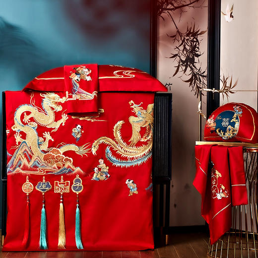 【品牌直发】加倍生活 100支长绒棉婚庆四件套/六件套 龙凤百子/锦绣佳缘/春色满园/家和人兴/幸福婚约-金/红/锦绣牡丹 商品图3