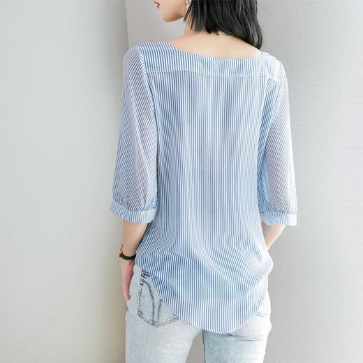 2023夏季新款衬衫女短袖韩版大码雪纺衫上衣条纹T恤1801 商品图1
