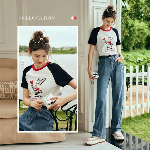 OLrain欧芮儿法式短袖T恤女夏季2023新款宽松插肩袖撞色印花上衣 商品图3