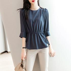 2023夏季新款雪纺衫七分袖衬衫女宽松大码衬衣圆领显瘦