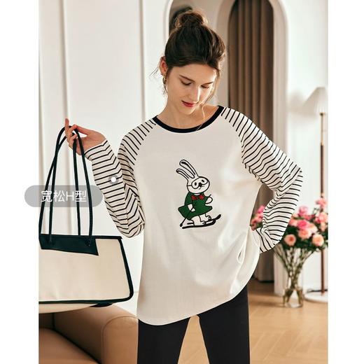 OLrain欧芮儿法式条纹T恤女夏季2023年新款宽松时尚趣味刺绣上衣 商品图0