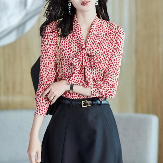 2023秋装新款衬衫女长袖宽松雪纺衫红色女士衬衣A2722 商品图0