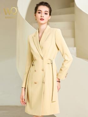 春秋高端黄色连衣裙女双排扣绑带收腰西装裙气质时尚女装